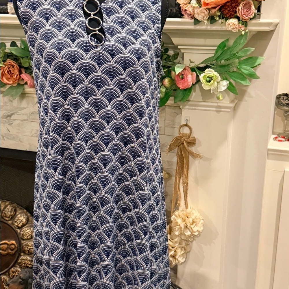 MSK Navy and White Scallop Midi Dress